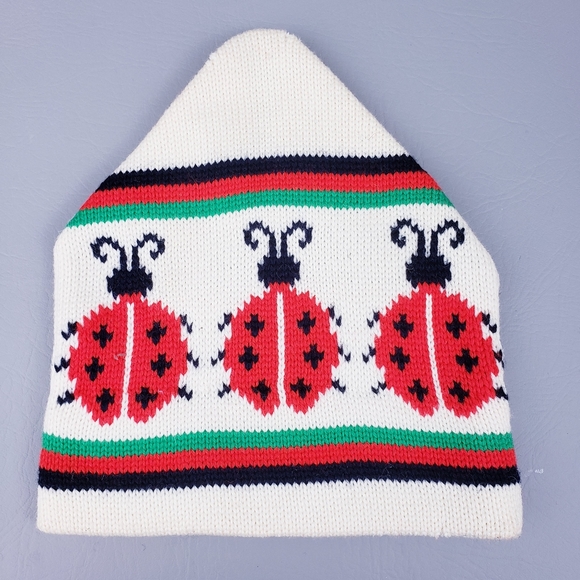 Aris Vintage Wool Ski Hat Ladybugs Cream Navy Winter Knit Hat Made in USA - Picture 3 of 9